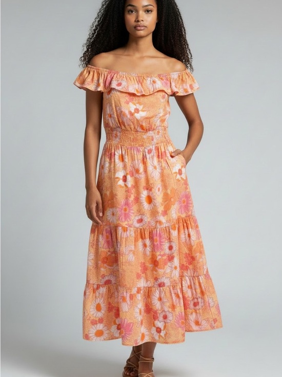 indulge Dresses & Skirts - NWT Boho Floral Bright Orange and Pink Indulge Dress Off the Shoulder Size Large
